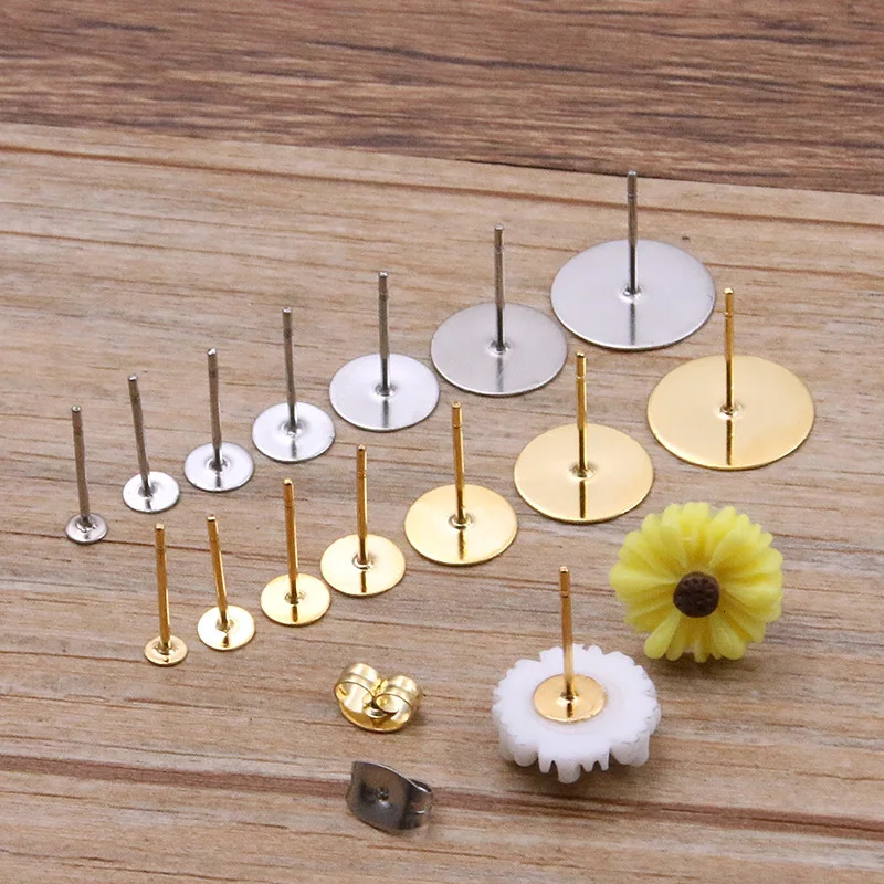 50100pcs 2 Color Stainless Steel Earring Studs Blank Post Base Pins With Plug Findings Ear Back For DIY Jewelry Making 250804