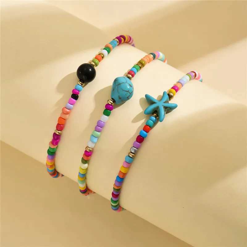 3pcs/set Irregular Turquoise Starfish Anklets for Women Rainbow Beads Pearl Pendant Foot Chains Beach Jewelry Summer Accessories Y250805