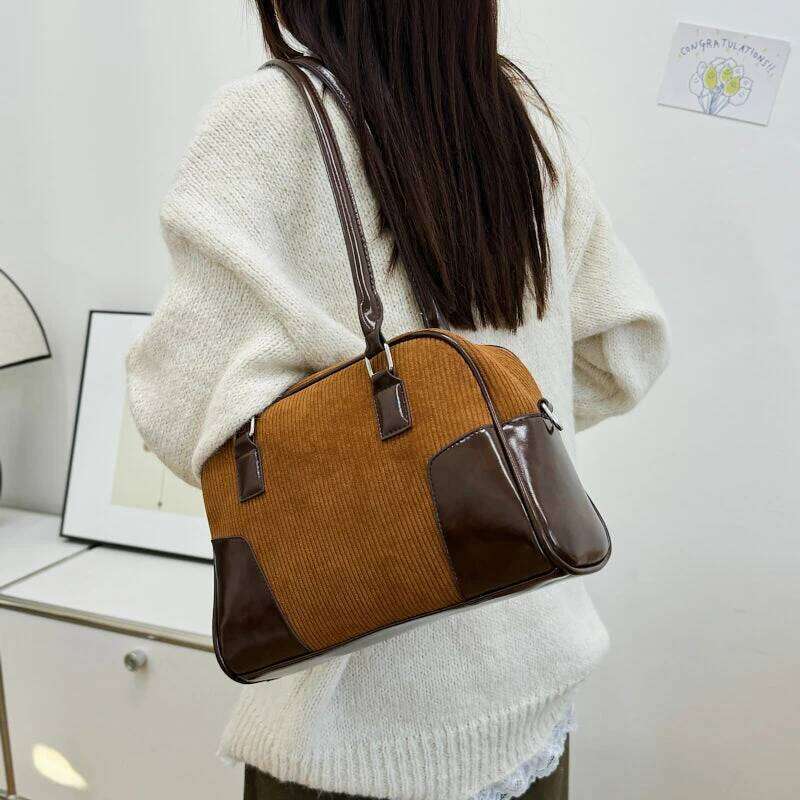 Corduroy Brand Boston Handbag Day Clutch Veet Shoulder For Women Trend Versatile Crossbody Bag Brown