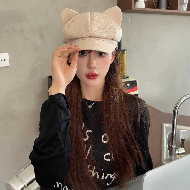 Beret Women Cute Cat Ear Sweet Octagonal Hats For Women Newsboy Cap Painter Hat Korean Style Solid Color Black XJ250807