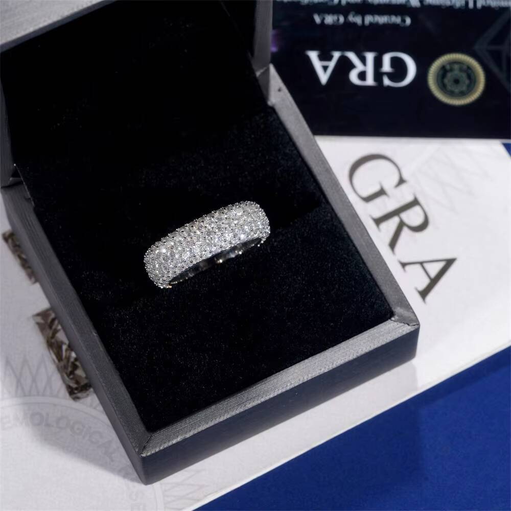 Mens 925 Sterling Silver VVS Moissanite Iced Out Diamond Band Ring Hip Hop Style Wedding Engagement Gift Jewelry