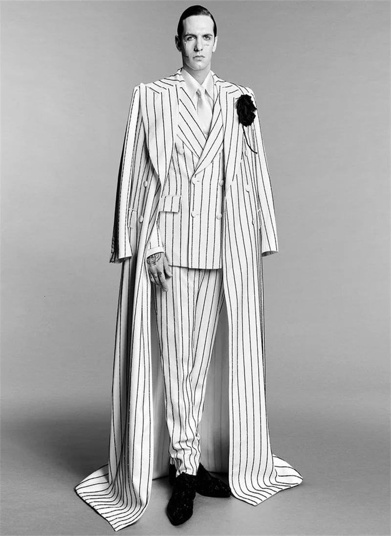 White Pinstripe Men Suits 3 Piece Long OvercoatBlazerPants Wedding Tuxedos Coat Custom Made Formal Office Jacket Trousers 250807