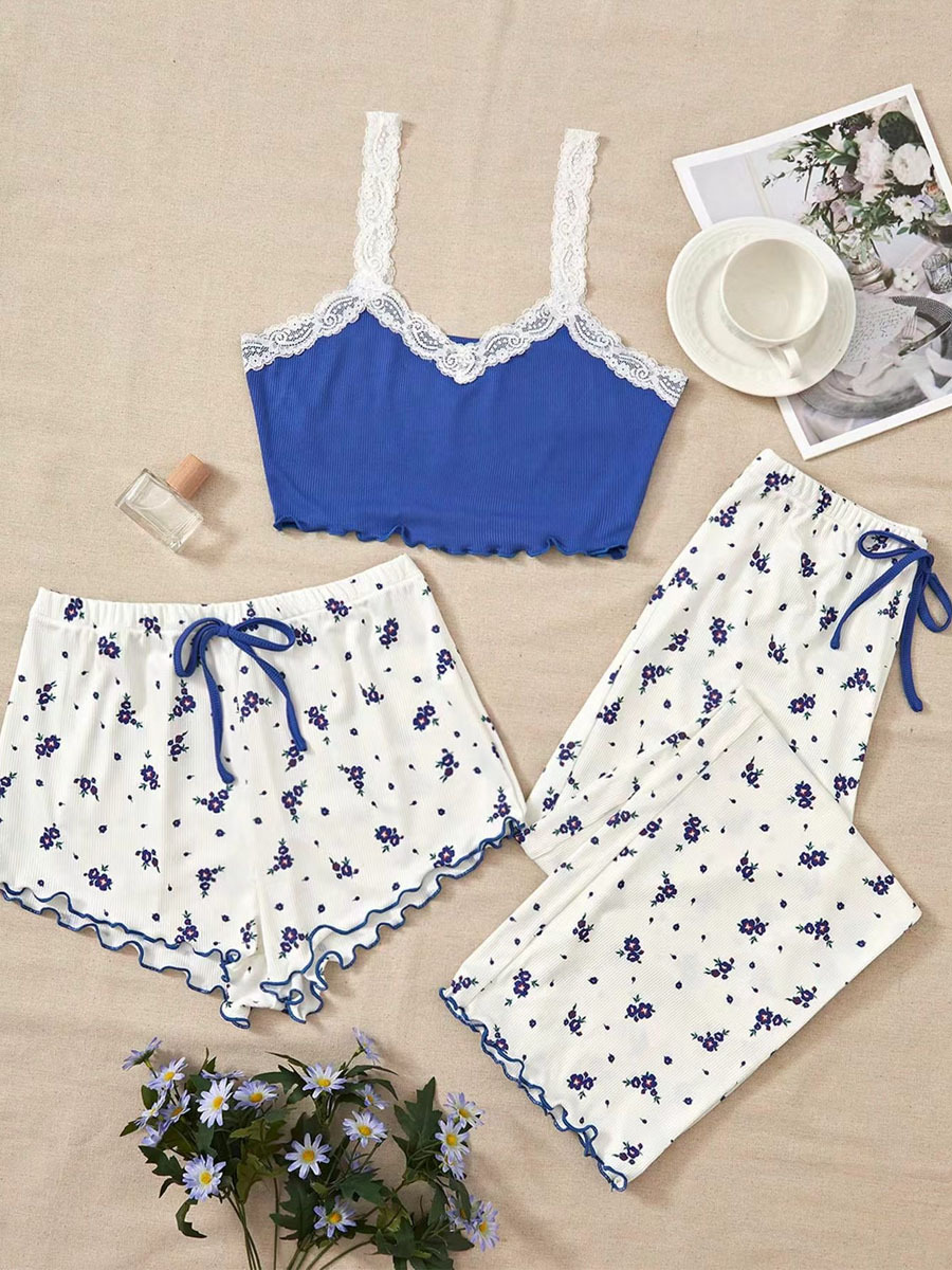 B1009-Home wear suit with lace and sexy camisole top, short pants, three-piece pajamas for women