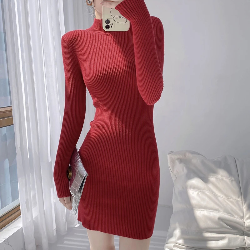 HELIAR Women Mock Neck Solid Slim Sweater Dress Long Sleeve Knit Sexy Bodycon Dress Basic Casual Dress for Women Autumn Winter 250806