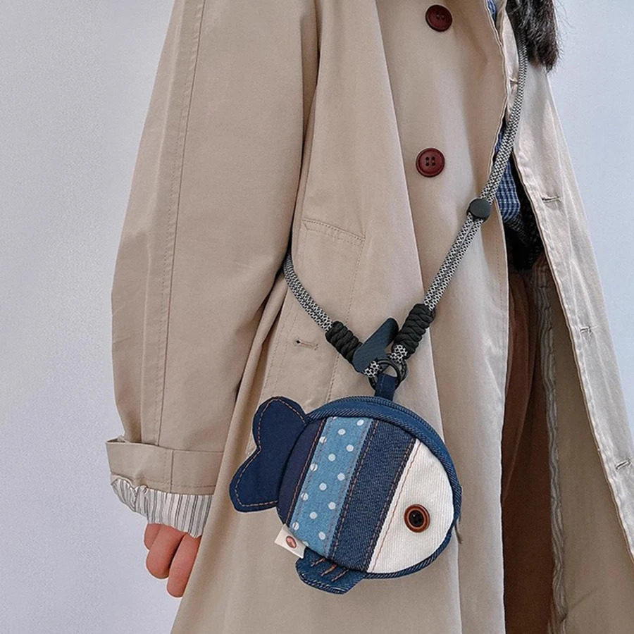 Mini Unisex CowGirl Style Puffer Fish Coin Purse Fashionable Versatile Denim Earphone Bag Cute Patchwork n 2025 250805