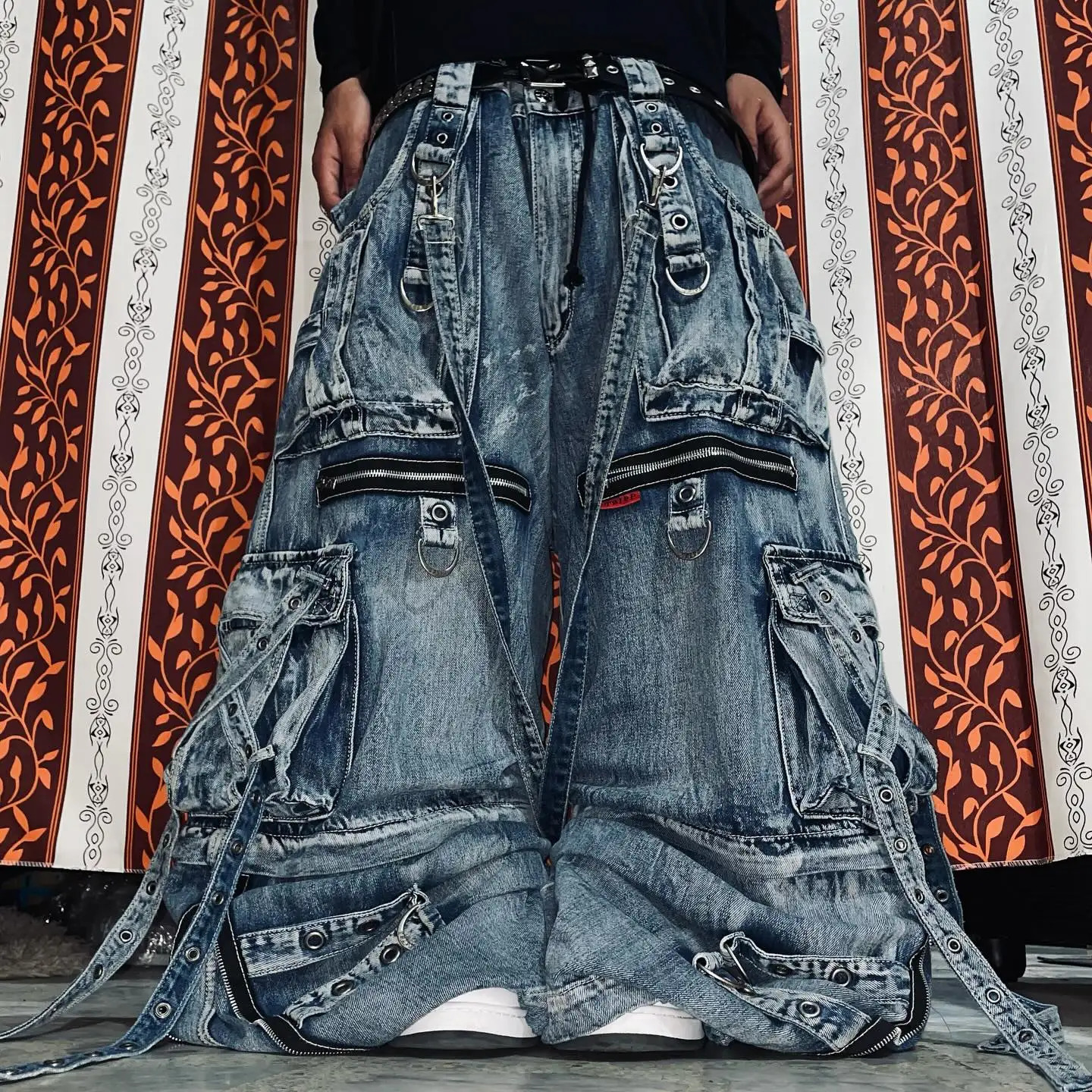 Retro Hip Hop Blue Y2k Cargo Pants with Large Pockets Zipper Baggy Jeans Straight Leg Wide Leg Ripped Jeans Gothic Streetwear 250805