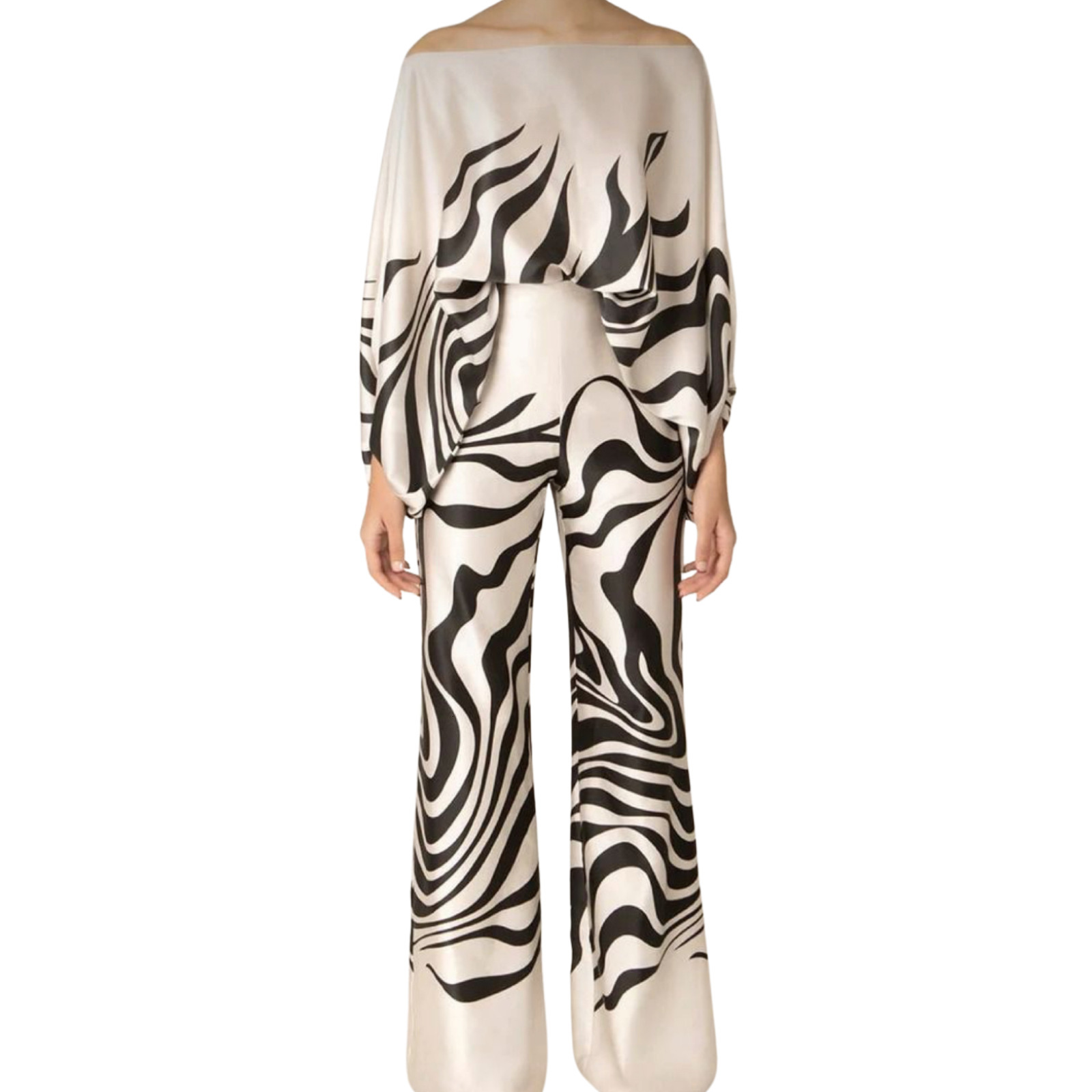 D9713 Womens Fashion Casual Satin Print Loose Off-Shoulder Top and Pants Two-Piece Set