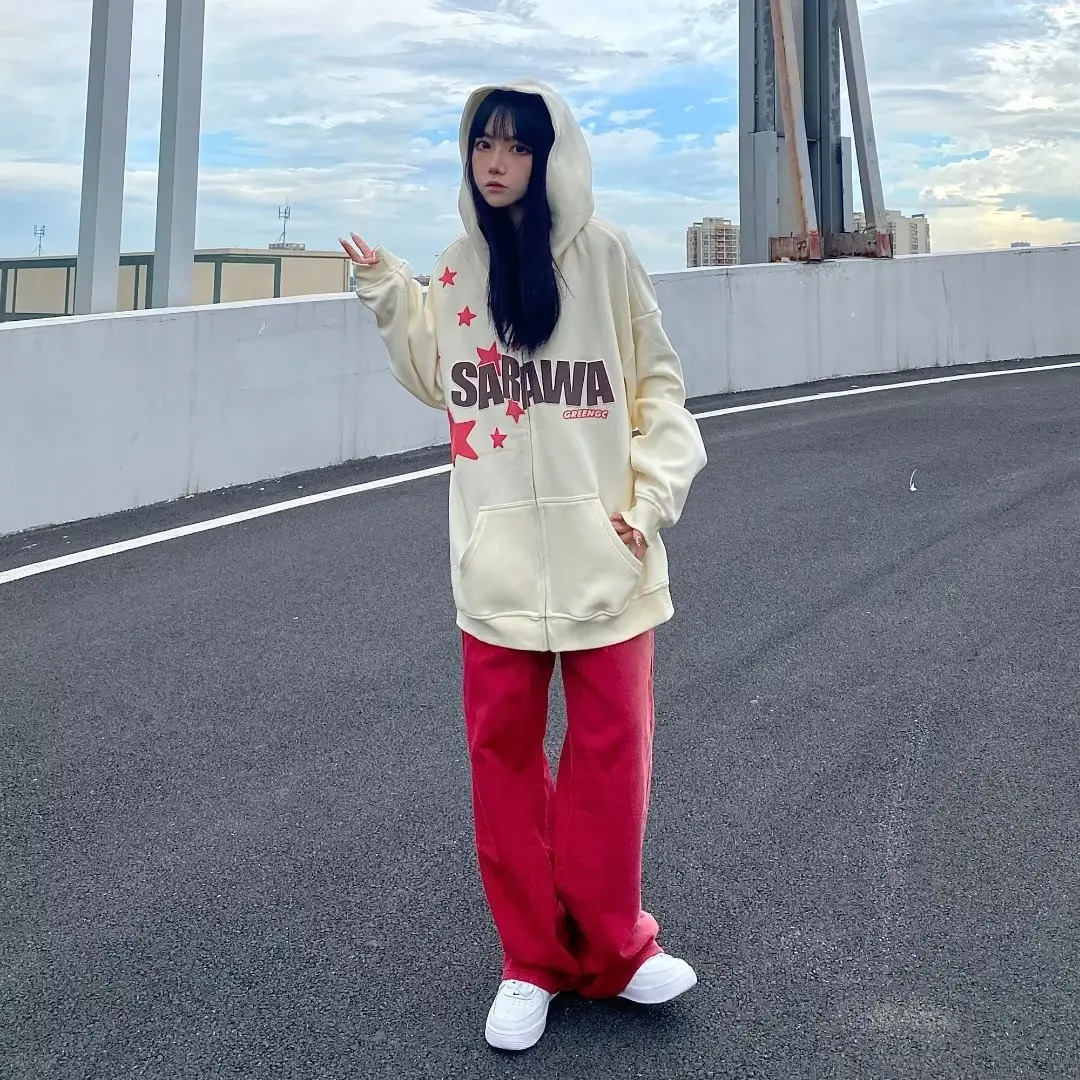y2k Star Letter Print Hoodies Zipper stitching Autumn Loose Top Couple Fashion Retro Sports Trend Clothing Cardigan Jacket 250804