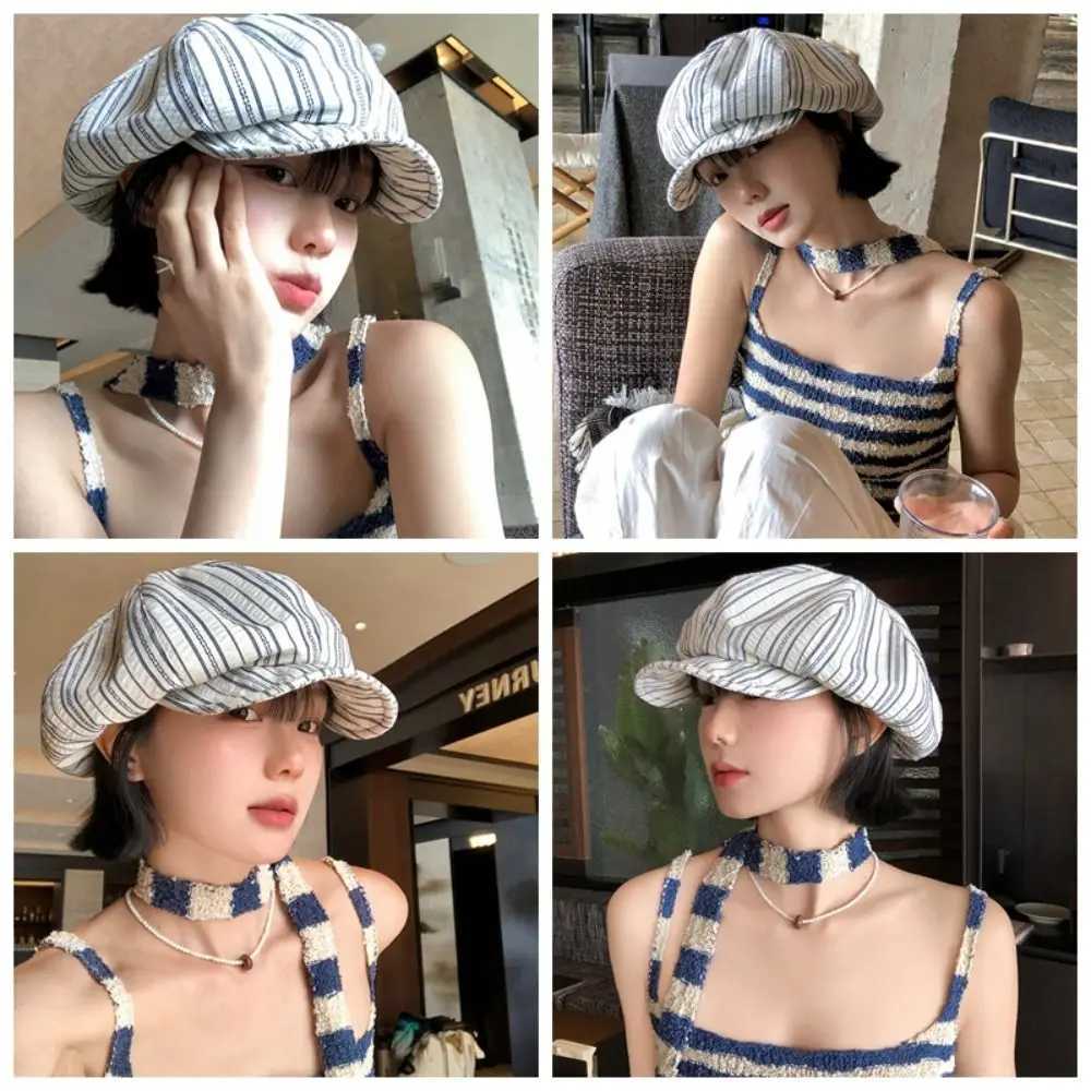 New Spring Summer Striped Berets Thin Y2k Octagonal Hat Casual Sunscreen Painter Cs Female XJ250807