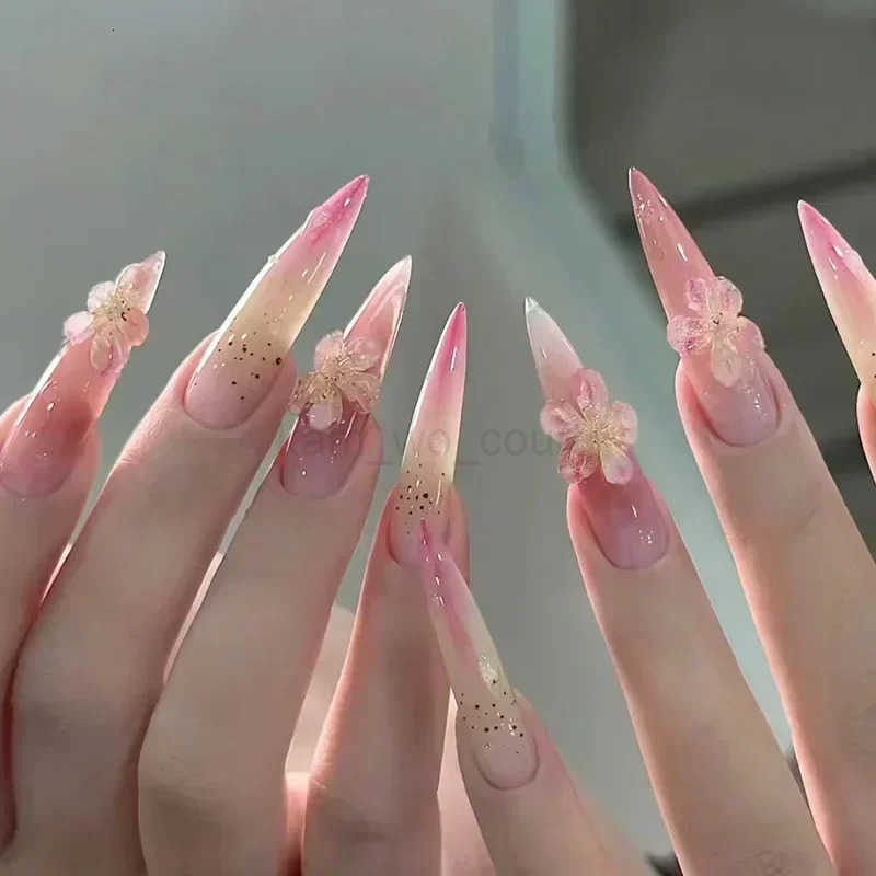 24Pcs French False Nails With Purple Edge Almond Bow Flower Design Detachable Acrylic Fake Nails Long Stiletto Press On Nails M250807