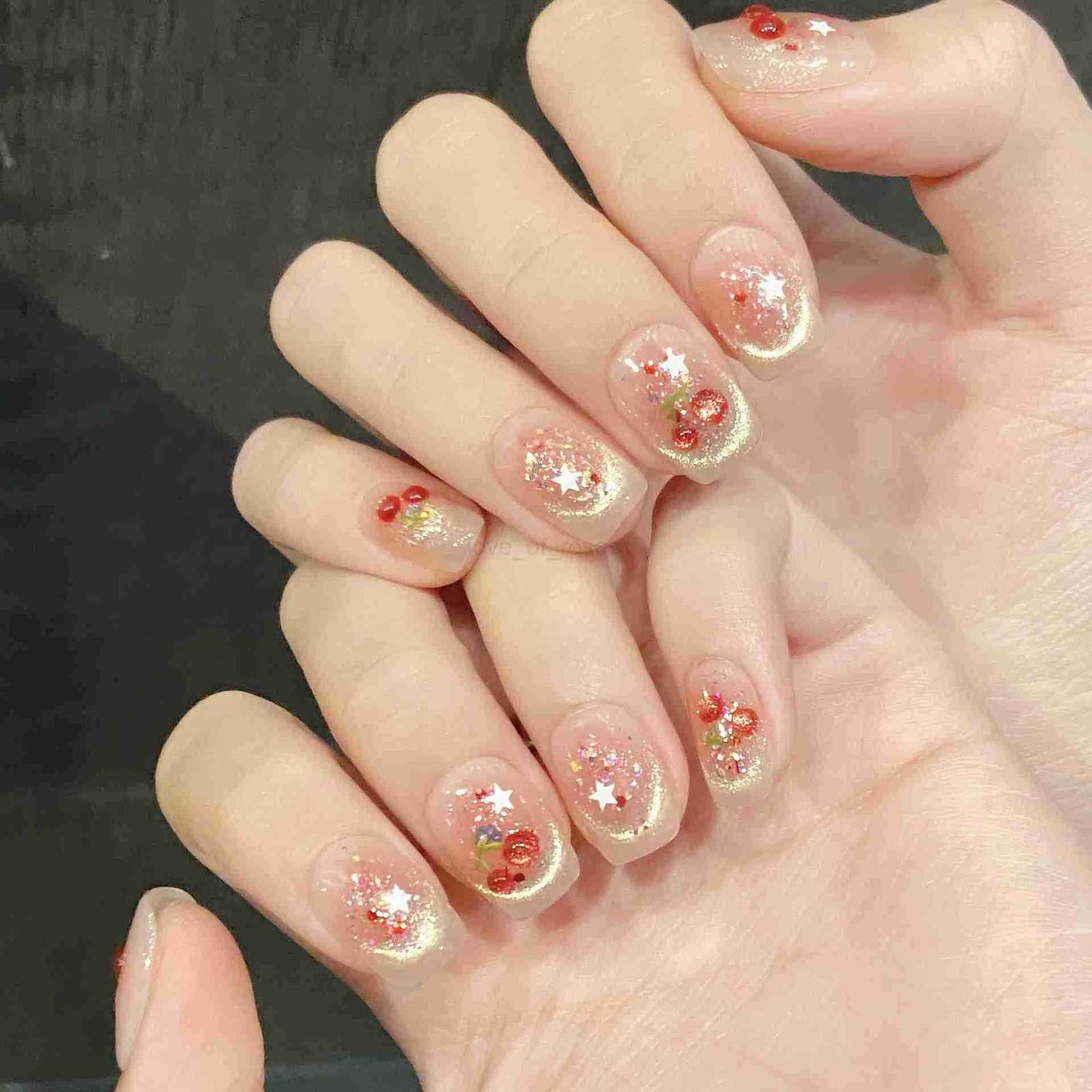 10pcs Sweet Cherry Press On Nails For Women Girls Shiny Smile Cats Eye Y2k Star Handmade Fake Nails Gentle Blush False Nails Z250807