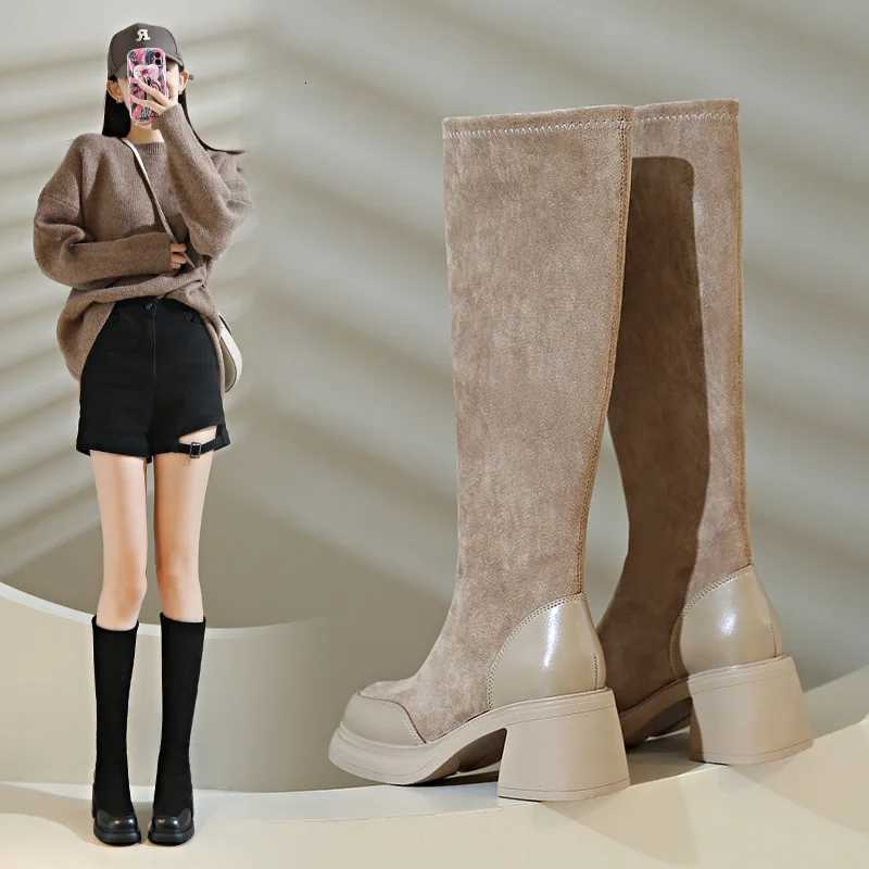 2023 Autumn Winter New British Style Knight Boots French Elastic Boots Versatile Thick Sole Womens Boots XJ250807