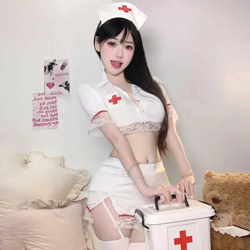 Japanese Cos White Nurse Uniform Cute Temptation Cosplay Short Sleeve Maid Outfit Sweet Sexy Sheer Short Skirt 2PCS Lingerie Set L250807