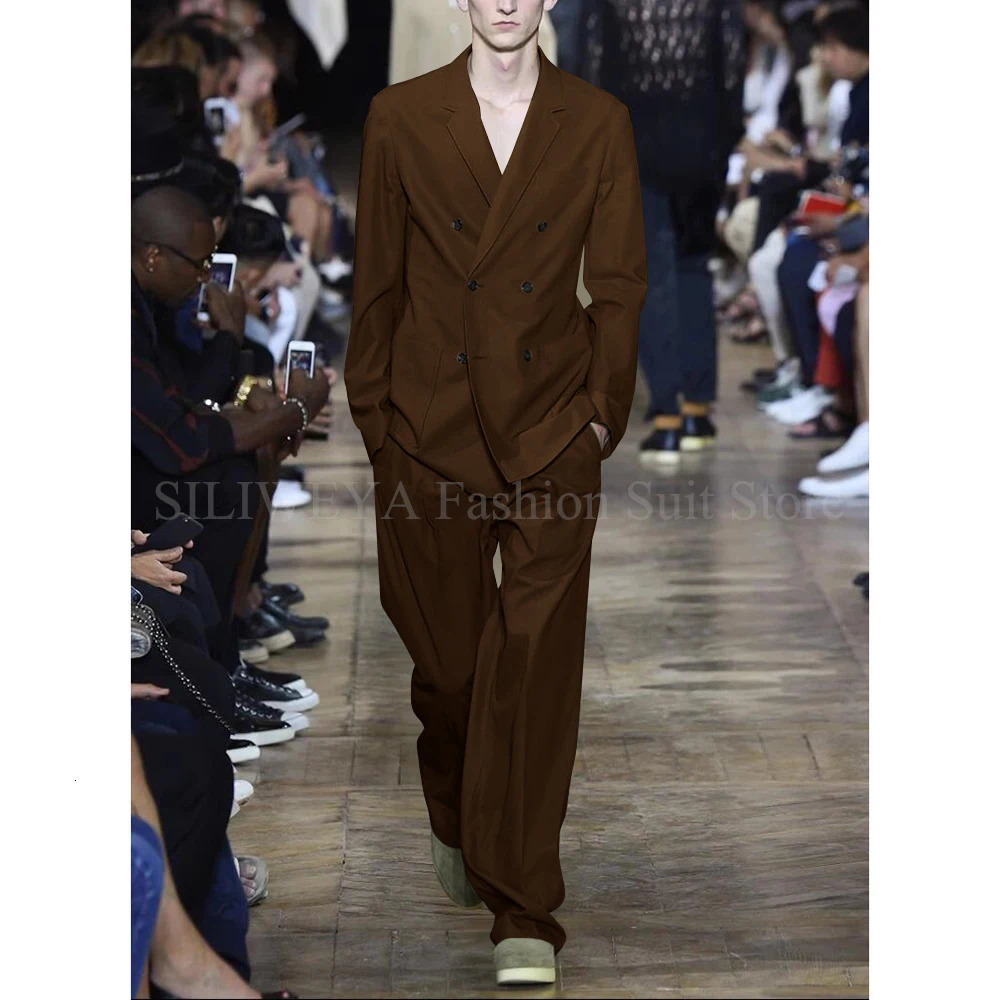 Chic Men Suits Solid Color 2 Piece Set Fashion Notch Lapel Double Breasted Loose Male Suit Business Wedding Casual Blazer Pants 250807