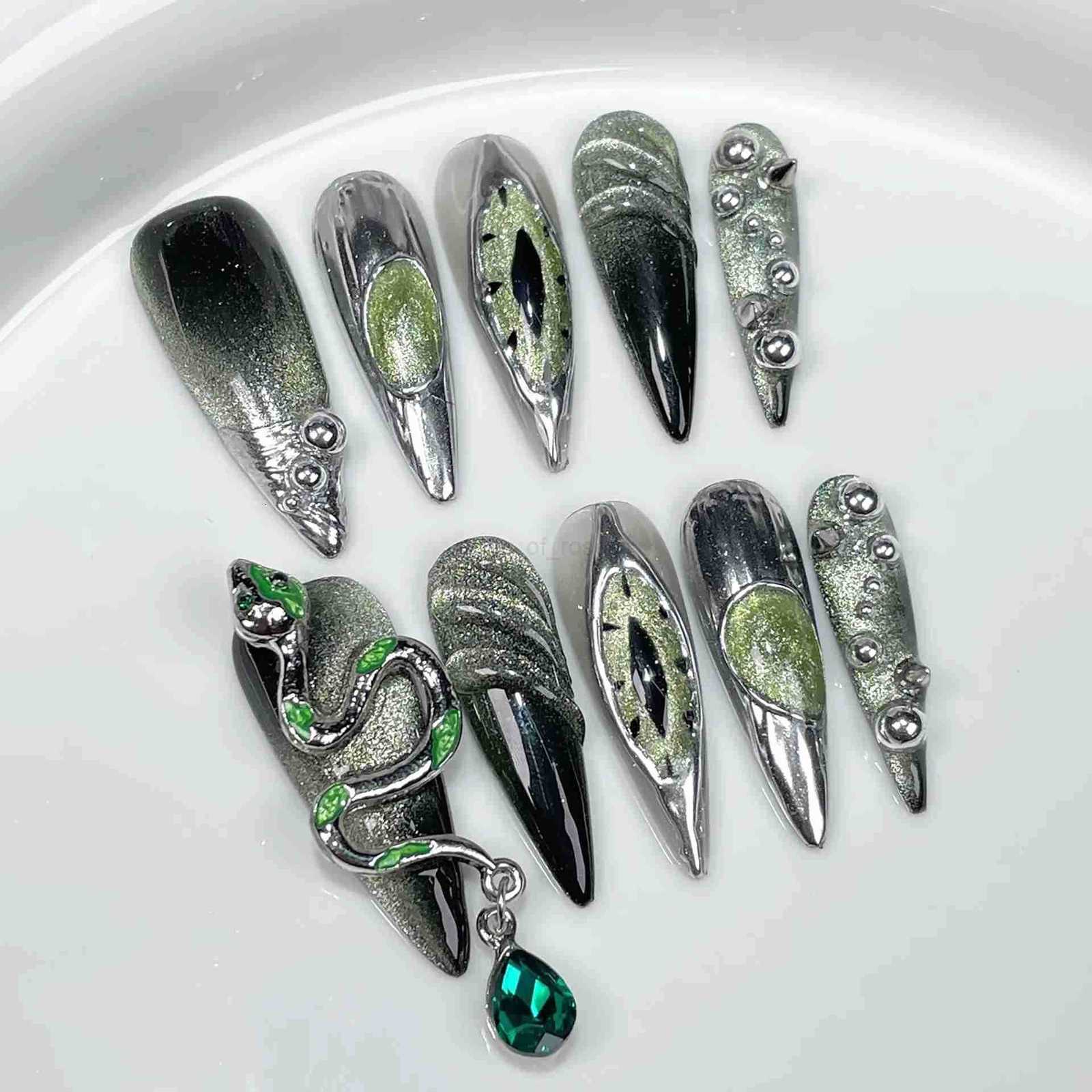 10pcs Blue Long Handmade Cool 3D Love Press on Fake Nails with Metallic Stripe Butterfly Design Stiletto Nails Wearable Manicure Z250807