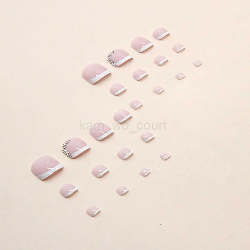 Summer Simple White French Wearable Nail Tip Art Shiny Rhinestone Toe False Nail Glue Short Flat Shape Artificial Fake Toenails M250807