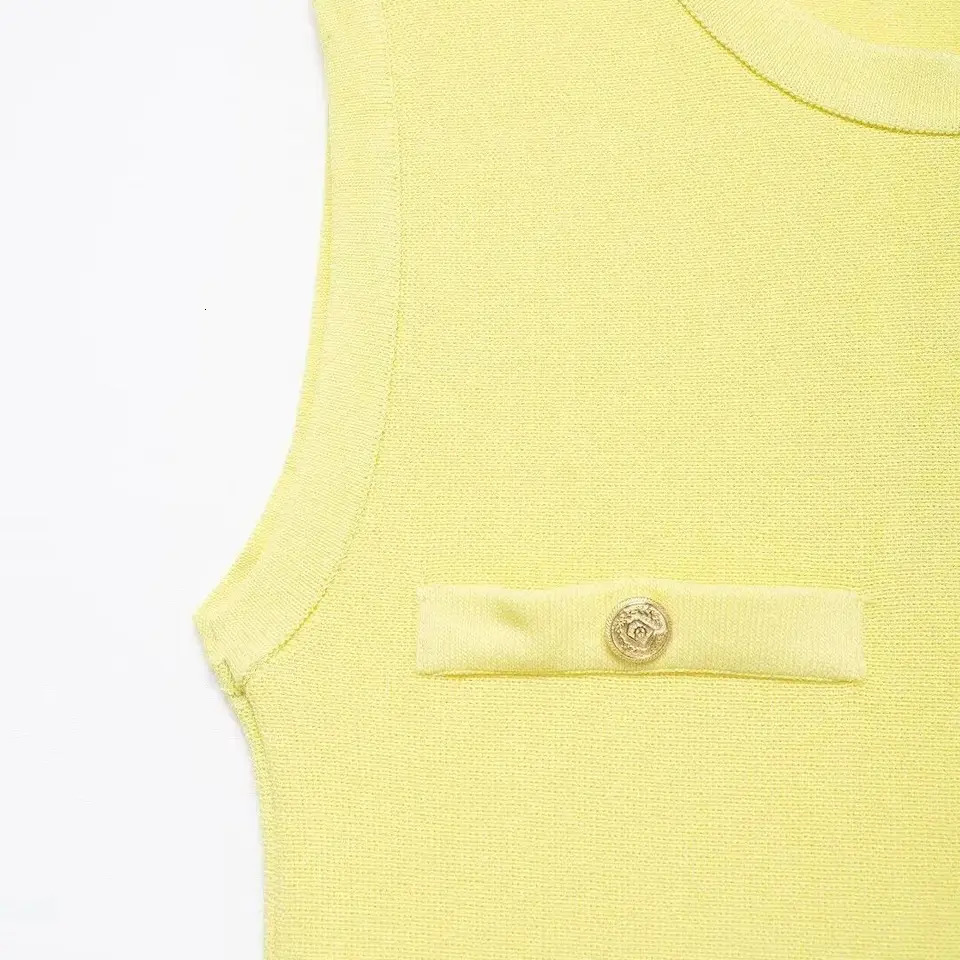 TRAFSHE Women Pale Yellow Knitted Pleated Dress Summer Fashion Pockets ONeck Sleeveless Aline Mini Official 250807