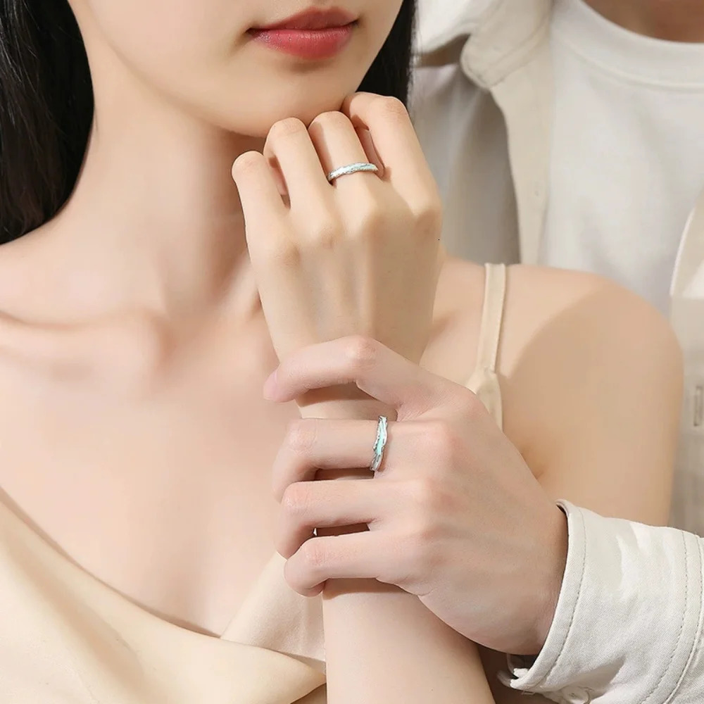 Couple Rings 925Sterling Silver Enamel Glow in Dark Adjustable Promise Rings Unique Band Gift for Valentine Anniversary 250730