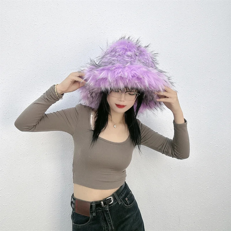Winter Women Faux Fur Bucket Hat Warm Raccoon Fur Hat Oversize Outdoor Punk Hat Girl Fashion Long Fur Bucket Hat Furry Cute Cap 250806