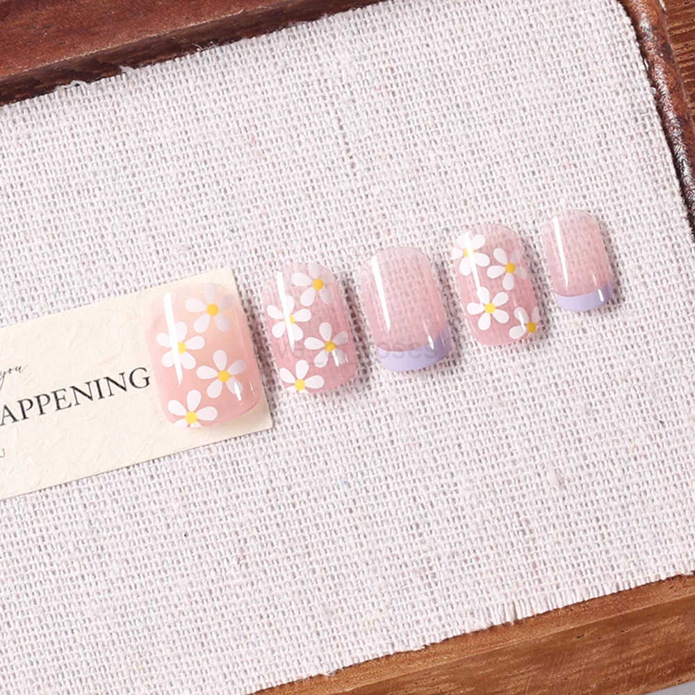 24pcs Purple French Daisy Fake Nails Square Round Glossy Harmless Press On Nail Tips DIY Line Art Full Cover False Nails for Girls Z250807