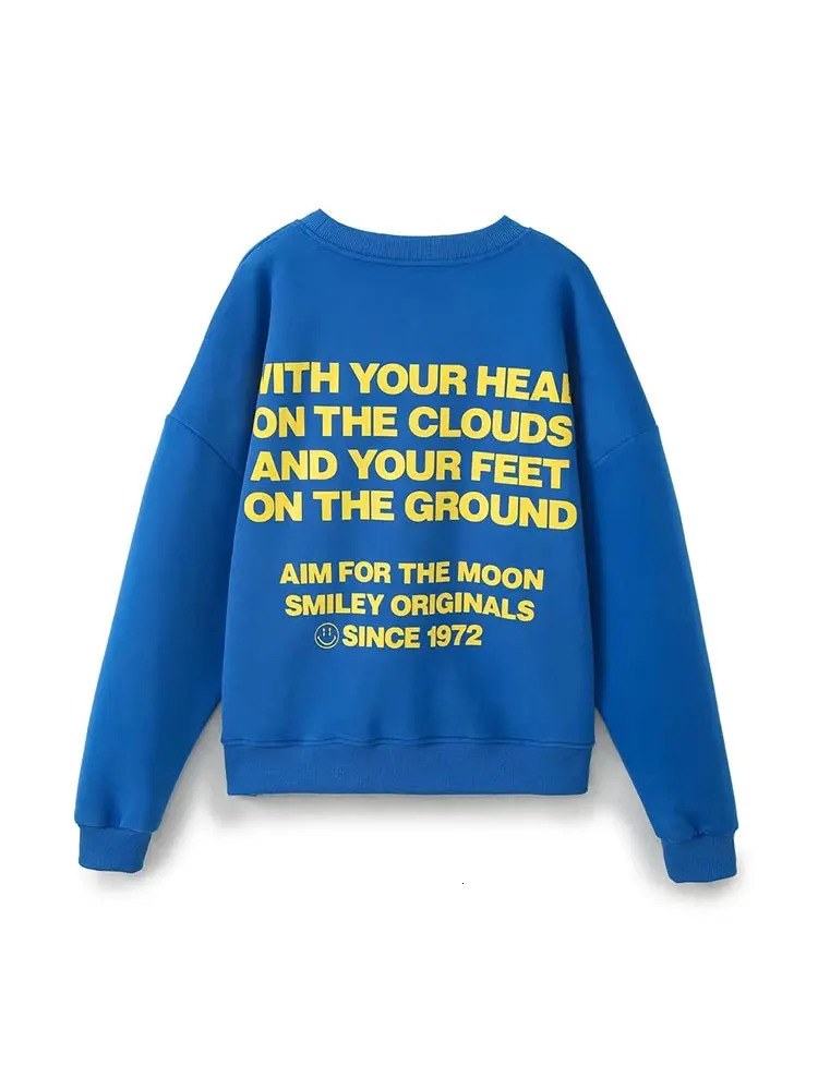 TRAFZA Spring Womens Fashion Sports Pullover Retro Round Neck Loose Long Sleeve Womens Letter Print Blue Pullover Streetwear 250801