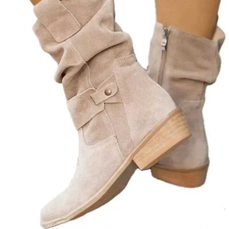 Autumn and Winter New Womens Short Boots European Style Round Head Metal Buckle Side Zipper Low Heel Square Heel Womens Boots XJ250807