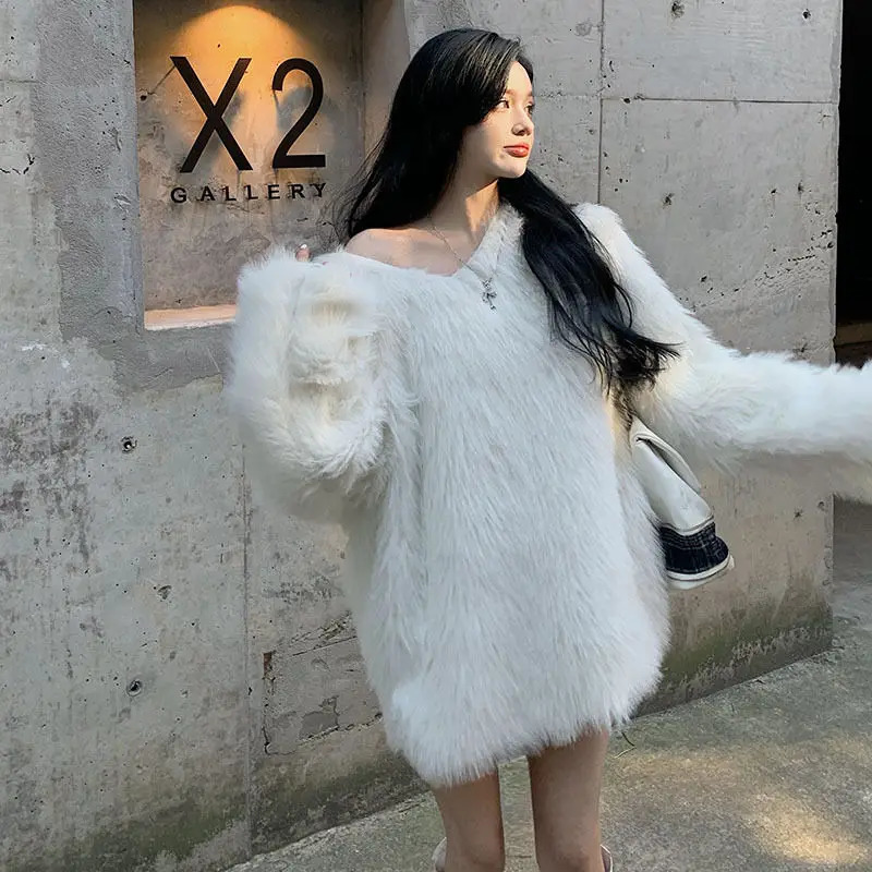 Fluffy Oversized Sweater Autumn Winter Womens Clothing Y2k Streetwear Mink V-neck Soft Pullover Jumper Loose Long Sleeve Tops 250804