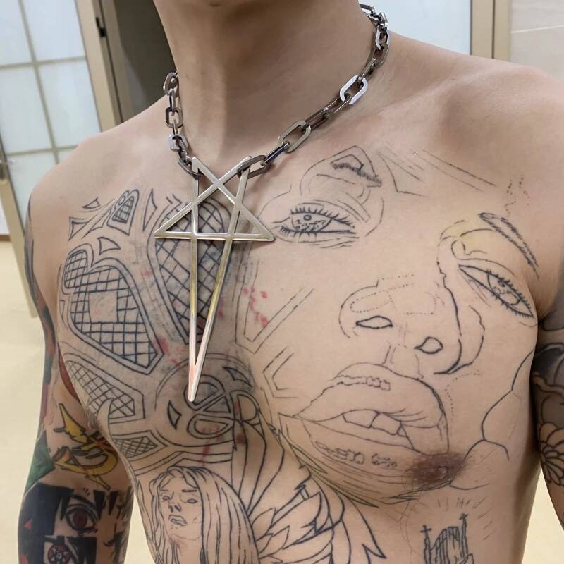 Punk Rock Hip HopTrend Exaggerate Coarse chain Pentacle Pendant Titanium steel Choke Necklace For Women Men Girls Jewelry Jewelry for Women
