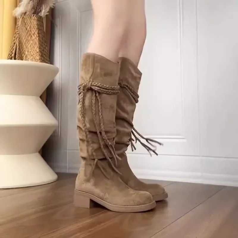 2024 Spring and Autumn New Fi Style Fi Boots Thick Heel Long Tube Slim Look Stacked Middle Tube Boots XJ250807