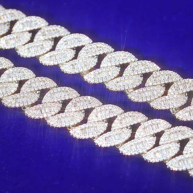 Yu Ying Fine Jewelry 925 Solid Silver 15mm Width Baguette Moissanite Chain Hip Hop Rapper Necklace Cuban Link Chain