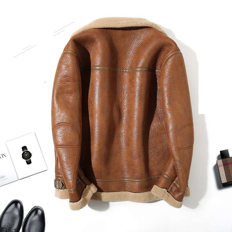 Men's Clothing Lapel Fur All-In-One Warm Plus Veet And Thickened Imitation Sheepskin Short Leather Jacket Handsome Motorcycle Suit