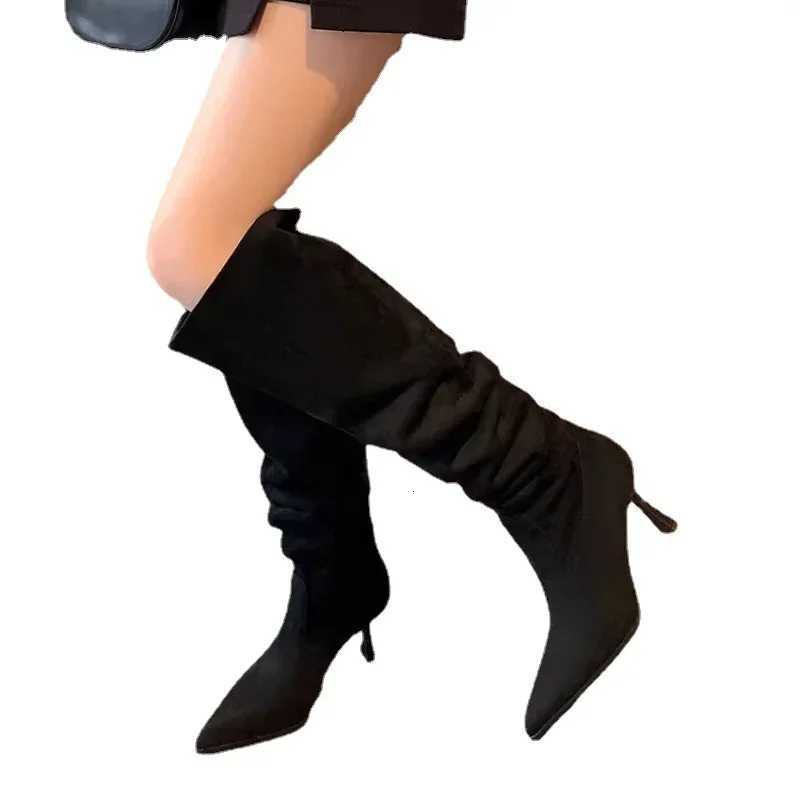 Women Pointed Toe Thin High Heels Ankle Boots Autumn Fi Pleated Cowboy Women Faux Suede Woman Slip Warm Boots XJ250807