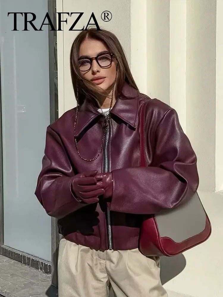 TRAFZA Wine Red Faux Leather Jakcet Fashion Outerwear Thicken Zipper Lapel Pu Coats Autumn Winter Streetwear Ladies Tops Women 250804
