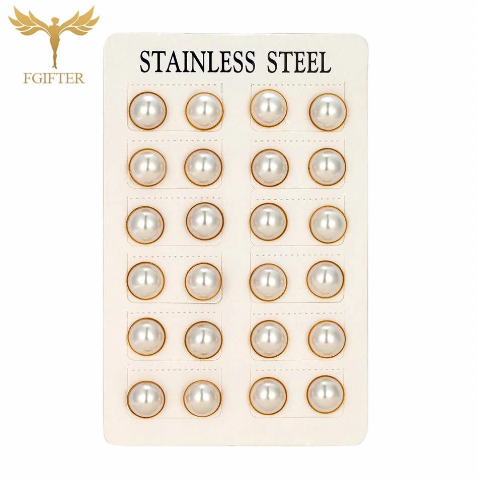 12 Pairs Pack Golden Stainless Steel Stud Earings for Women 5-10mm Half Artificial Pearl Earrings Set piercing acier inoxydable 250805