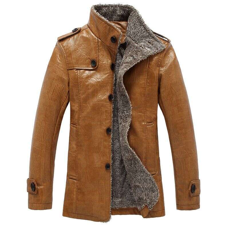 Men's Clothing Large Size Casual Fashion PU Leather Coat Stand Fur Collar Plus Veet Thickening
