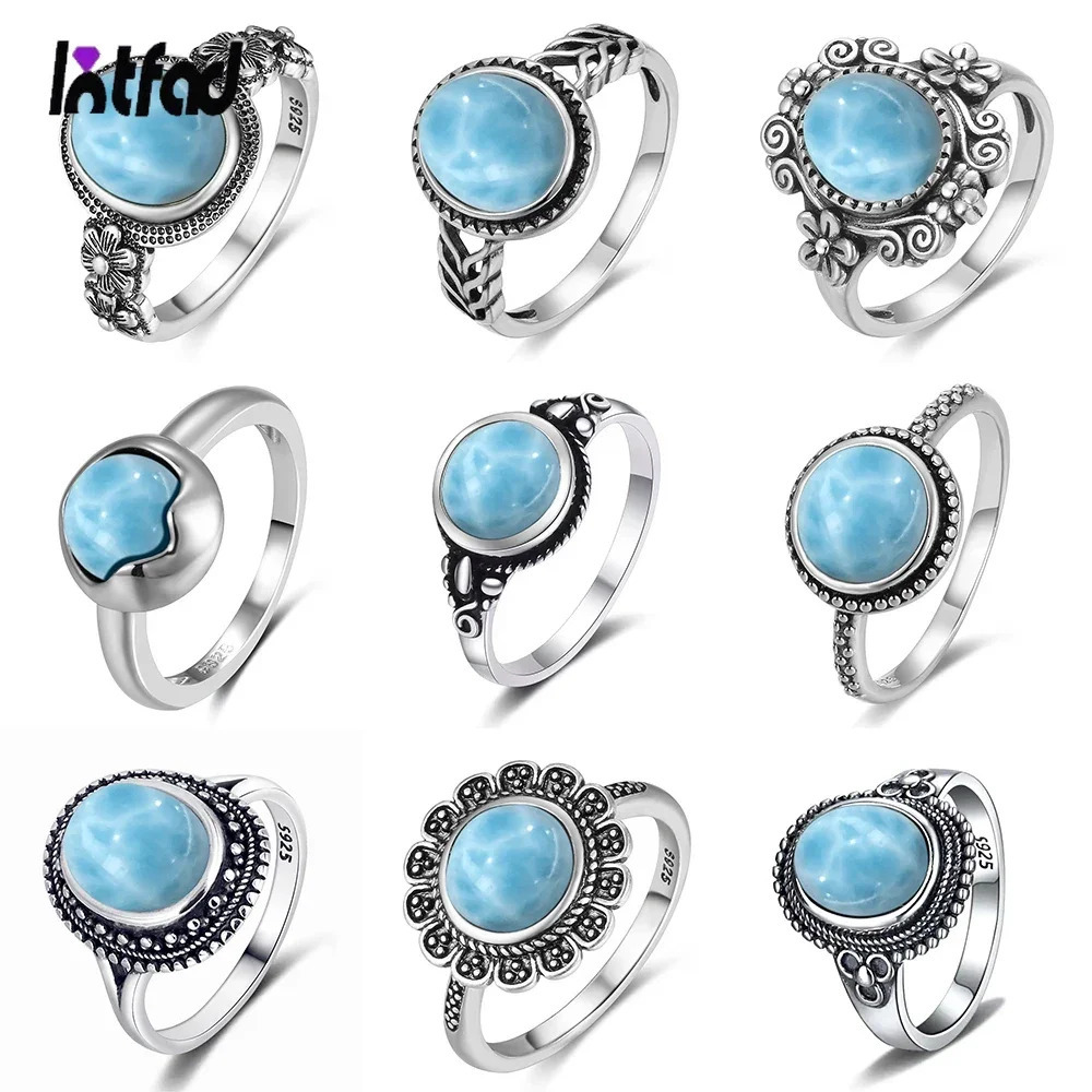 Vintage 925 Silver Ring Natural Larimar Stone Ring Round Flower Shape Sky Blue Summer Ring Fine Jewelry Gift for Men Women 250730