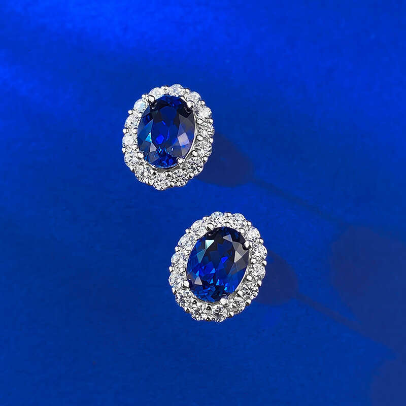 Mujing Jewelry S Sier Pigeon Blood Red 6*8mm Oval Blue Corundum Stud Fashionable Daily Versatile Earrings