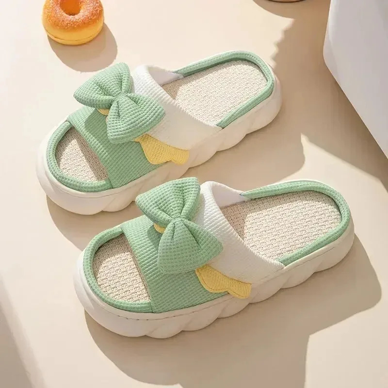 Linen Slippers Women Indoor Slippers Comzy -Slip House Cotton Shoes Cute Bowknot Flat Slipper Couples Slides 250805