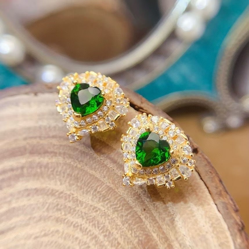 Forest green diopside stud earrings 6mm heart shape natural diopside jewelry allergy free 925 silver earrings for wedding