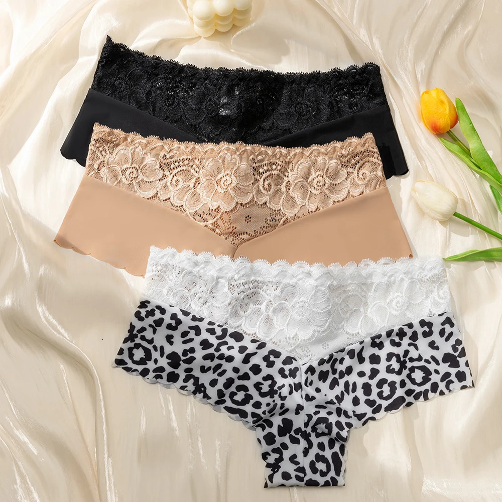 Womens 3 Pieces Panties Sexy Leopard Lace Lingerie Woman Underwear Ladies Underpants Solid Color Clothing Knickers 250807