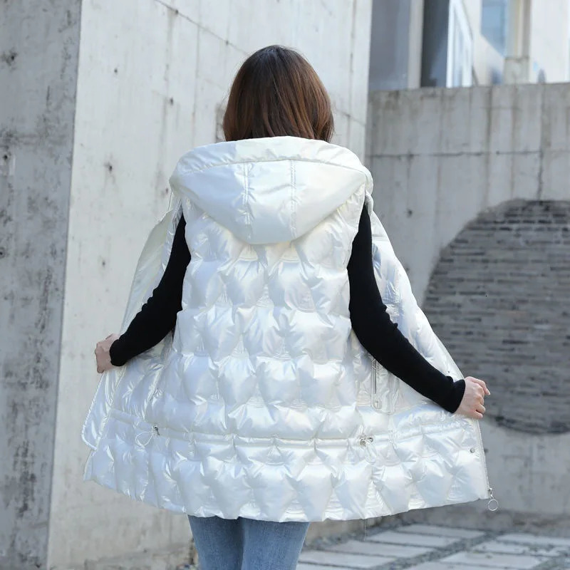Winter Vest Glossy Down Cotton Parkas Vest Jacket Women Mid-length Leisure Hooded Sleeveless Waistcoat Female Warm Coat 250804