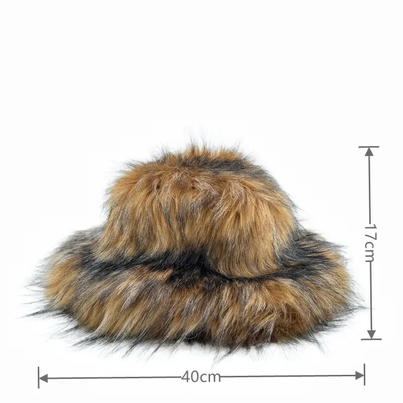 Winter Warm Plush Bucket Hat Women Oversize Earflaps Fluffy Faux Fur Hats Fashion Furry Raccoon Fur Cotton Hat Solid Color Hats 250806