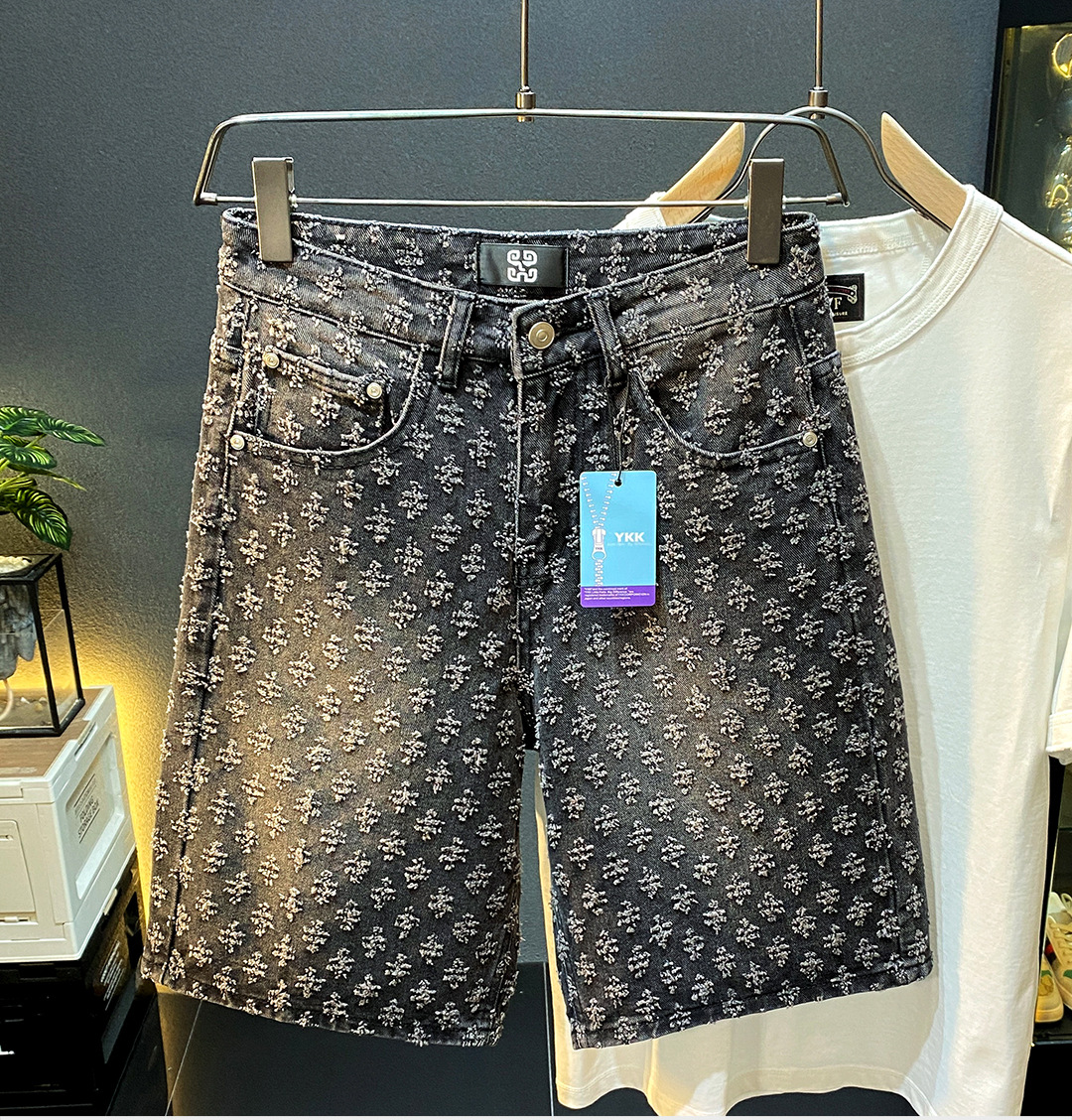 Mens five point pants 2024 loose straight wide leg perforated jacquard highend casual denim shorts