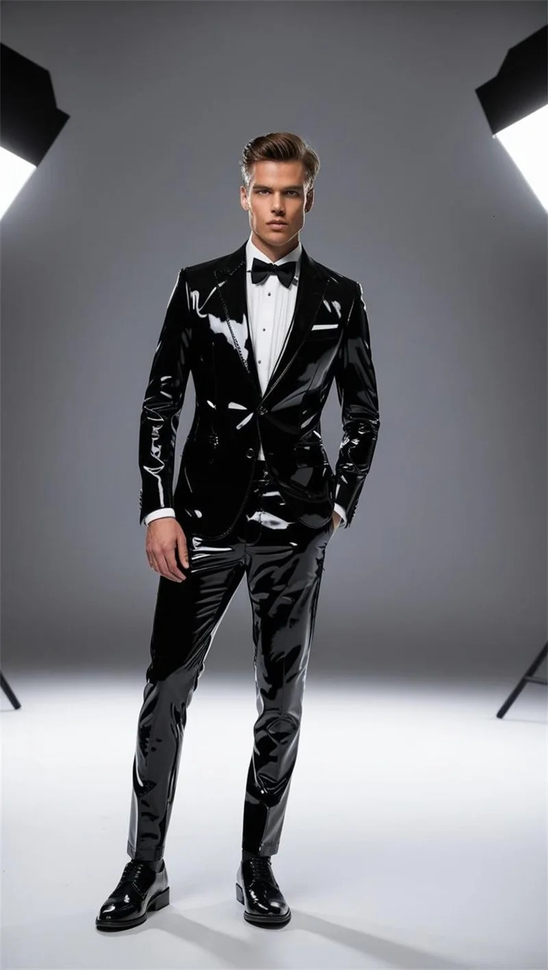 Blue PU Leather Men Suits Set 2 Piece BlazerPants Trousers Wedding Tuxedo Formal Office Groom Prom Jacket Business Coat 250807