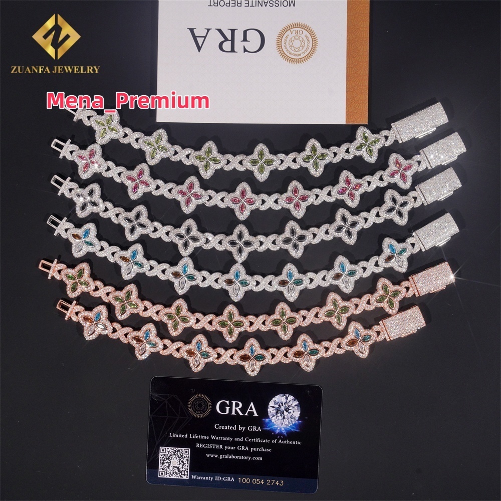 2025 Designer necklace 13mm High Quality Multi Color Marquise Diamond 925 Silver Jewelry Iced Out VVS Moissanite Lucky Four Leaf Clover Cuban Bracelet