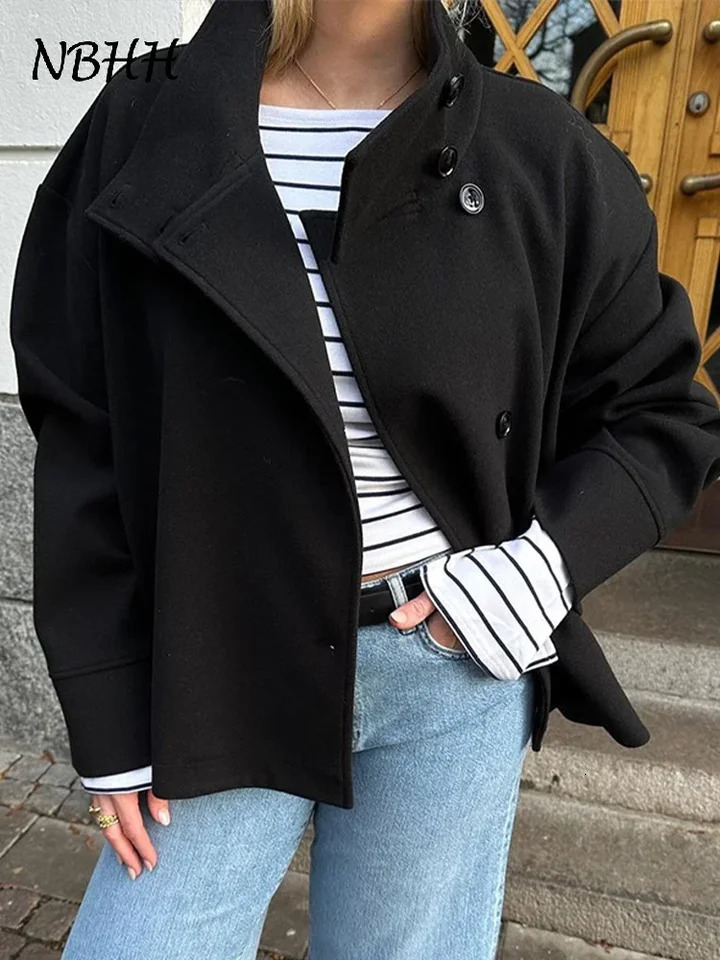 Urban Black Woolen Blend Coats Women Stand Collar Single-breasted Long Sleeve Thick Warm Jacket 2025 Autumn Winter Lady Outwear 250804