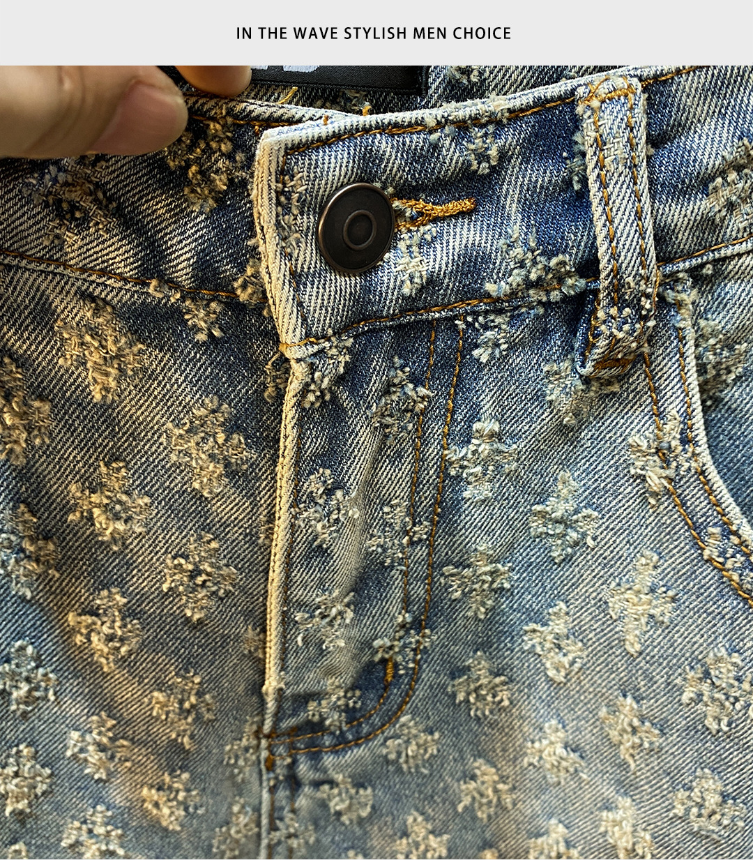 Mens five point pants 2024 loose straight wide leg perforated jacquard highend casual denim shorts