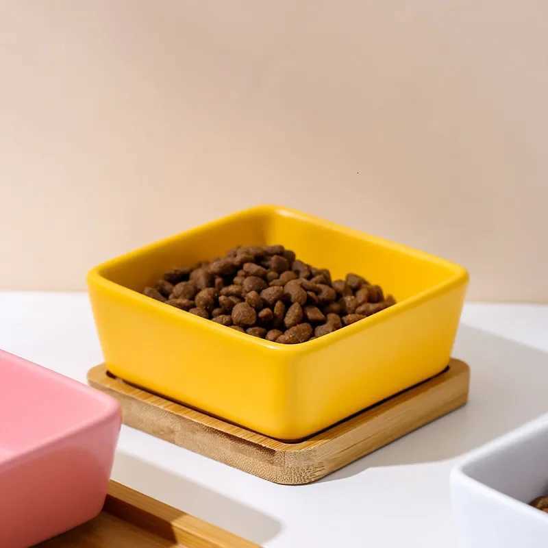 New Ceramic Cat Dog Bowl Puppy Kitten Anti Tipping Feeder with Wooden Tray Square Pet Food Dish Multiple Colors Dog Accessories Y250806