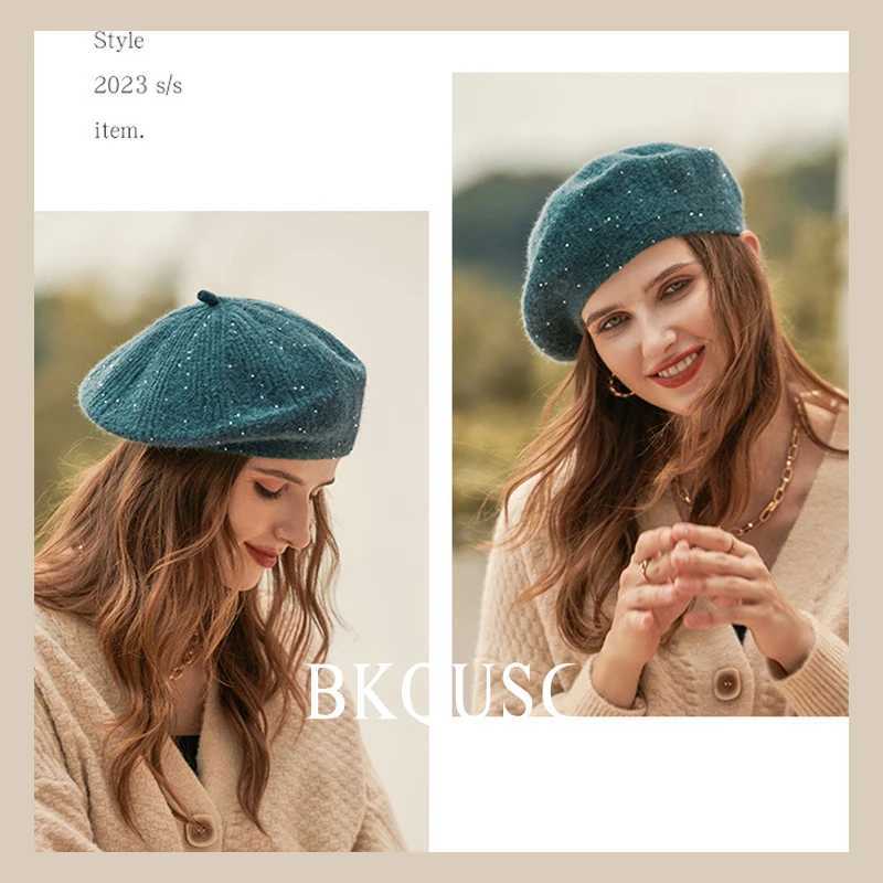Spring Womens Knitted Beret Hats Female Colorful Velvet Knit Painter Beret Ladies Small Sequins Fashion Artist Berets Cs XJ250807