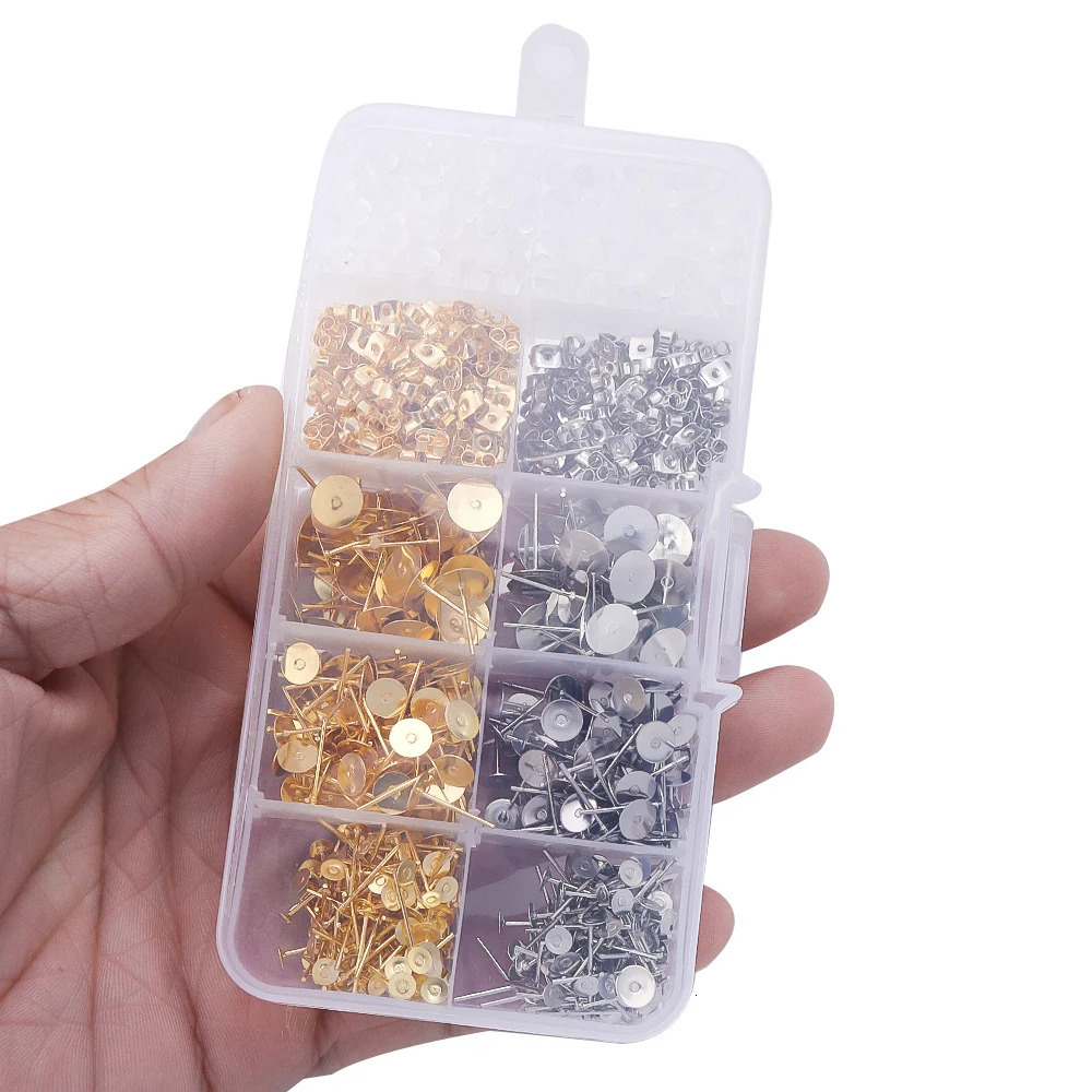 1060pcsLot Blank Post Earring Studs Base Pins Box With Plug Findings Ear Back For DIY Jewelry Making Kits 250804